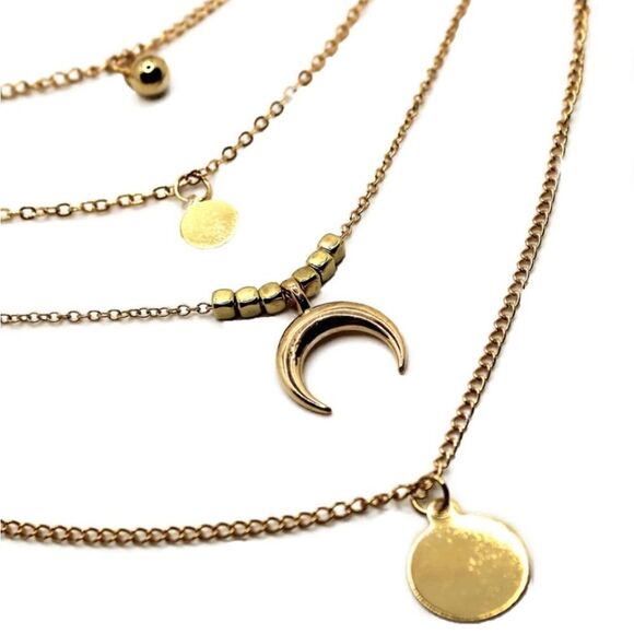 BOHO Crescent Horn Moon Charm Multi Layered Pendant Gold Necklace Choker - Picture 2 of 4